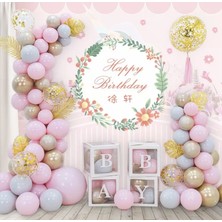 Deniz Party Store Makaron Pembe Pastel Gri Krom Gold Gold Konfetili Şeffaf Balon Zincir Set