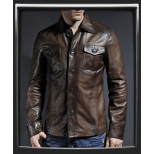 Derimont Derimonts Deri Kahverengi Düğmeli Gömlek Yaka Erkek Deri Ceket