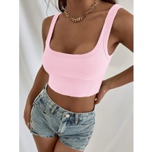 Trendseninle Kadın Pembe Askılı Crop Top Bluz