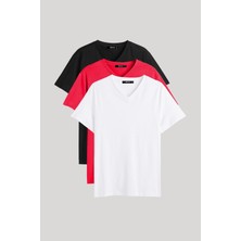 Mmetalic Metalıc Erkek Çok Renkli T- Shirt Regular Fit Rahat Kesim V Yaka 3'lü Basic Tişört Paketi