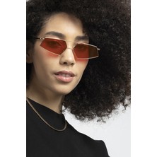 POLO55  Gold Metal Çerçeveli Kırmızı Camlı Beşgen Retro Kadın Güneş Gözlüğü