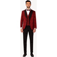 Erkek Bordo Kırlangıç Yaka Yelekli Slim Fit Desenli Damatlık