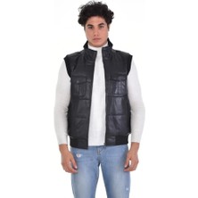 Derimont Deri Siyah Hakim Yaka Dört Cepli Erkek Deri Yelek