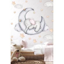 Msticker Ayda Uyuyan Fil Bulut ve Yıldızlar Sticker Seti, Çocuk Bebek Odası Duvar Cam Sticker