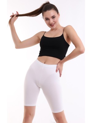 Self Clothing Kadın Beyaz Penye Kumaş Yüksek Bel Kısa Tayt SLF1295