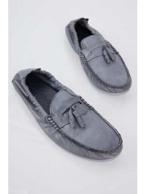 Tonny Black Erkek Gri Önü Püsküllü Arkası Lastikli Rahat Kalıp Deri Loafer