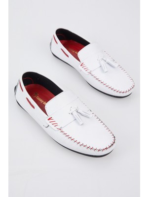 Tonny Black Erkek Deri Loafer Beyaz Püskül Detaylı Rahat Kalıp Düz Taban