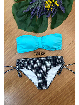 Pierre Cardin Soft Straplez Bikini Takım Mavi-Ekose Desenli 227325
