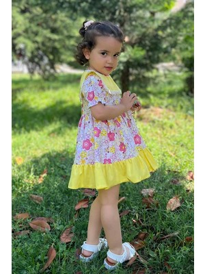 Bertuğ Bebek Dantel Detaylı Bahriye Yaka Çiçekli Renkli Sarı Kız Çocuk Bebek Elbise
