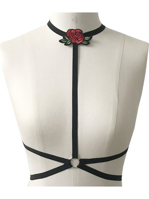 BMD Gül Nakış Choker Bandaj Bralet - Siyah