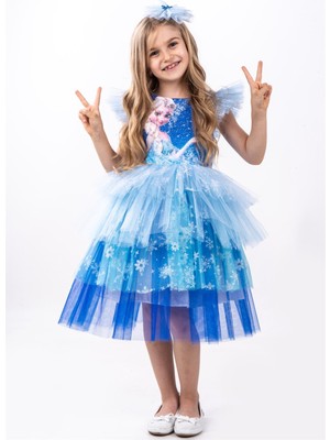 Pul Baskılı Elsa Karlar Kraliçesi Kız Çocuk Parti Elbisesi