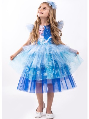 Pul Baskılı Elsa Karlar Kraliçesi Kız Çocuk Parti Elbisesi