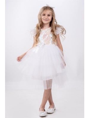 Buse & Eylül Bebe Buse & Eylü Bebe Beyaz Pullu Kız Çocuk Parti Elbisesi Özel Olaylar İçin Şık Silüet