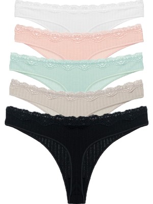 Vanilya Secret Beli Dantel Tanga Pamuk 5'li Paket %95 Pamuk %5 Lycra Kadın İçin Rahat Tasarım