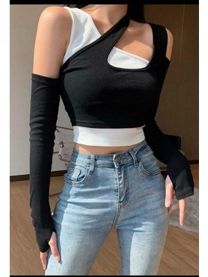 Club Soda Fashion Iki Parça Asimetrik Likralı Crop Top