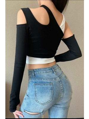 Club Soda Fashion Iki Parça Asimetrik Likralı Crop Top