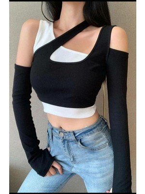 Club Soda Fashion Iki Parça Asimetrik Likralı Crop Top