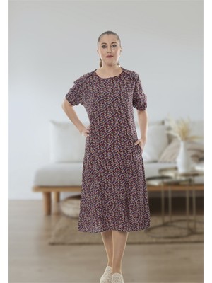 esrateks Kısa Kollu Midi Boy Renkli Desenli Elbise