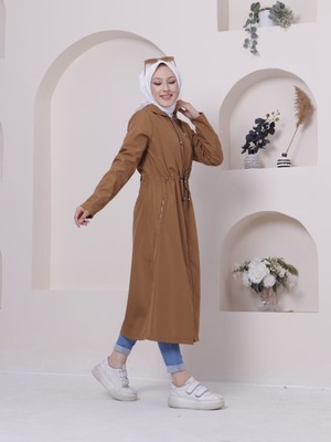 Vibeys Collection Taba Içi Çizgili ve Kendinden Astarlı Su Geçirmez Kadın Trençkot