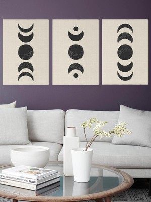 Satürn Design Minimalist Ay Aşamaları Kanvas Duvar Tablosu 3'lü Tablo Seti 40X55CM Boho Güneş Ay Canvas