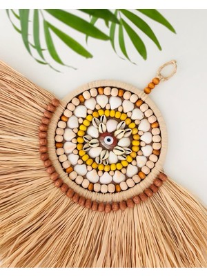 Hasır Dükkanı Doğal Muz Lifi Rafya Ahşap Boncuk Işlemeli