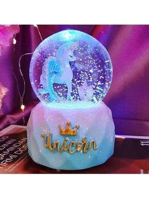 Nesever Unicorn Büyük Boy Işıklı Müzikli Kar Küresi Cam Malzemeden Özel Tasarım