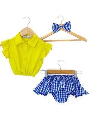 Kız Bebek Saç Bantlı Neon Sarı Büstiyerli Gömlek Mavi Pötikare Etekli Külot Takım 3-6 Ay