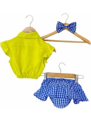 Kız Bebek Saç Bantlı Neon Sarı Büstiyerli Gömlek Mavi Pötikare Etekli Külot Takım 3-6 Ay