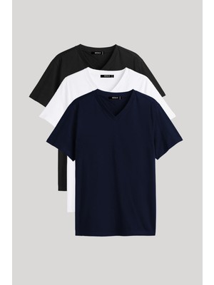 Mmetalic Metalıc Erkek Çok Renkli T- Shirt Regular Fit Rahat Kesim V Yaka 3'lü Basic Tişört Paketi