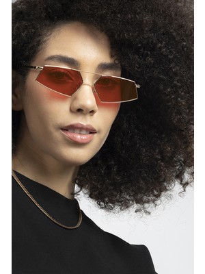 POLO55  Gold Metal Çerçeveli Kırmızı Camlı Beşgen Retro Kadın Güneş Gözlüğü