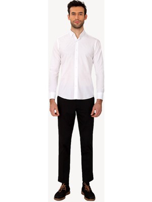 Erkek Beyaz Uzun Kol Slim Fit Yaka Düğmeli Gömlek