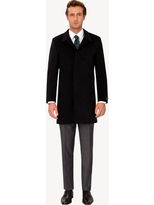 Ysf Giyim Erkek Siyah Kaşmir Palto Regular Fit Mono Yaka Uzun Kol Düz Desen