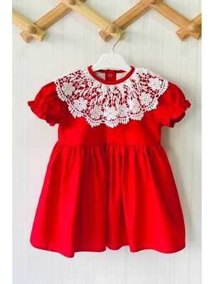 Bertuğ Bebek Dantel Yaka Poplin Kırmızı Kız Çocuk Bebek Elbise