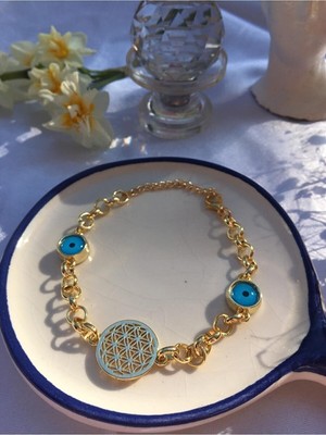 Bers Aksesuar Kadın Altın Kaplama Kararmaz Nazar Boncuklu Yaşam Çiçeği Bileklik