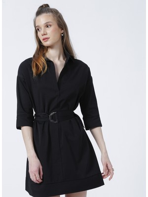 Fabrika Gömlek Yaka Düz Siyah Diz Üstü Kadın Elbise DIVINE
