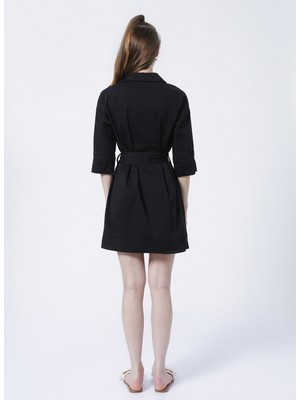 Fabrika Gömlek Yaka Düz Siyah Diz Üstü Kadın Elbise DIVINE
