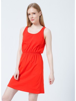 Fashion Friends 22Y0652K1 U Yaka Kolsuz  Normal Kalıp Düz Kırmızı Kadın Elbise