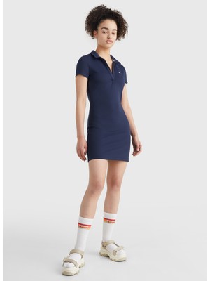 Tommy Jeans DW0DW12877C87 Polo Yaka  Regular Fit Mavi Kadın Diz Üstü Elbise