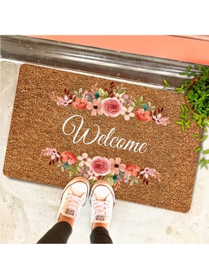 Uygur Home Çiçekli Welcome Temalı Coco Görünümlü Dekoratif Dış Kapı Önü ve Iç Mekan Paspası