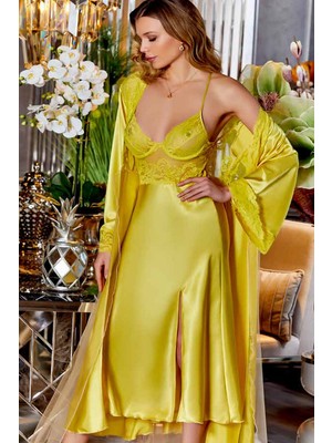 Jeremi Kadın Saten Gecelik Sabahlık Takım Dantel Detaylı Uzun Yırtmaçlı Sarı