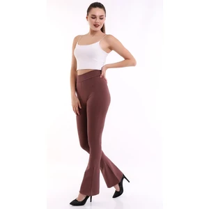 Self Clothing Kadın Kahve Yüksek Bel Fitilli Dayanıklı Örme Kumaş Toparlayıcı Ispanyol Paça Tayt SLF1419