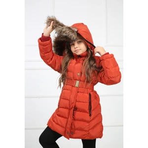 Buket Tekstil Kiremit Kız Çocuk Peluşu Çıkarılabilir Kemerli Şişme Kaban Mont