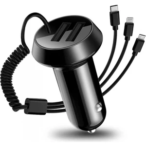 Hızlı Şarj Araç Şarj Cihazı, iPhone Uyumlu 13/pro Max/pro, 12/11, Otomobil Için Stretch Kablolu ve 3'ü 1 Arada Hızlı Şarj Kablolu Çift Bağlantı Noktalı Araç Şarj Adaptörü(Yurt Dışından)