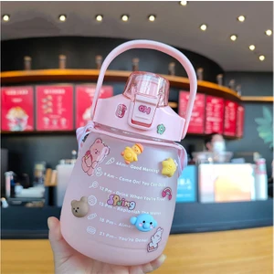 1.3 lt. Büyük Göbek Su Şişesi ile Zaman Ölçeği ile Hasır Kayış 3D Etiket -Pembe (Yurt Dışından)
