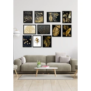 Nt Handmade Siyah Çerçeve Görünümlü Gold Yapraklar Duvar Dekoru 12'li Tablo Seti