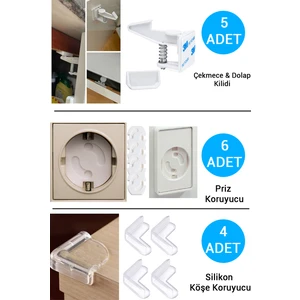 Baby Lock Çocuk Bebek Güvenlik Emniyet Seti,5 Çekmece Dolap Kilidi,4 Masa Köşe Koruyucu, 6 Priz Koruyucu
