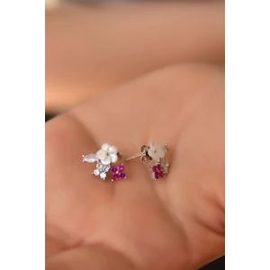 Papatya Silver Papatya Silver 925 Ayar Gümüş Rose Kaplama Sedef Manolya Fuşya Beyaz Taşlı Yonca Çiçek Küpe