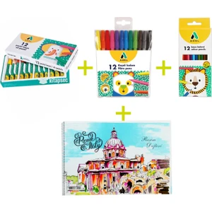3'lü Boyama Seti Kuru Pastel Keçeli Boya 25X35 15 Yaprak Resim Defteri