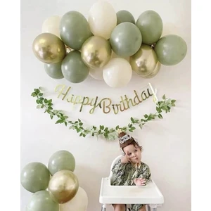 Deniz Party Store Küf Yeşili Krom Gold Deniz Kumu  Balon Gold Happy Bırthday Kaligrafi Banner Mini Zincir Set