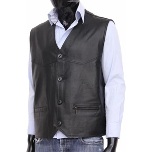 Derimonts Deri Siyah Sacocce Düğmeli Erkek Deri Yelek